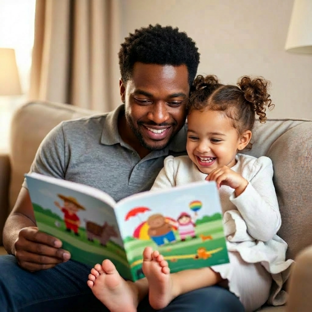 A father reading a picture book with his giggling daughter